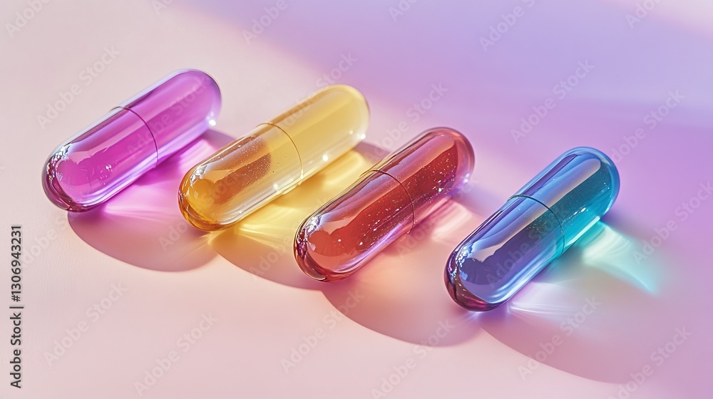 A few capsules of varying colors, arranged on a pastel-colored background, light and modern, ultra-detailed, 8k A few capsules of varying colors, arranged on a pastel-colored background, light and modern, ultra-detailed, 8k