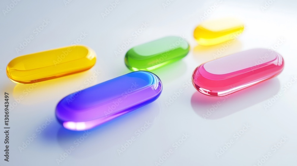 A few colorful tablets in various shapes, arranged on a smooth white surface, vibrant and fresh, ultra-detailed, 4k A few colorful tablets in various shapes, arranged on a smooth white surface, vibrant and fresh, ultra-detailed, 4k