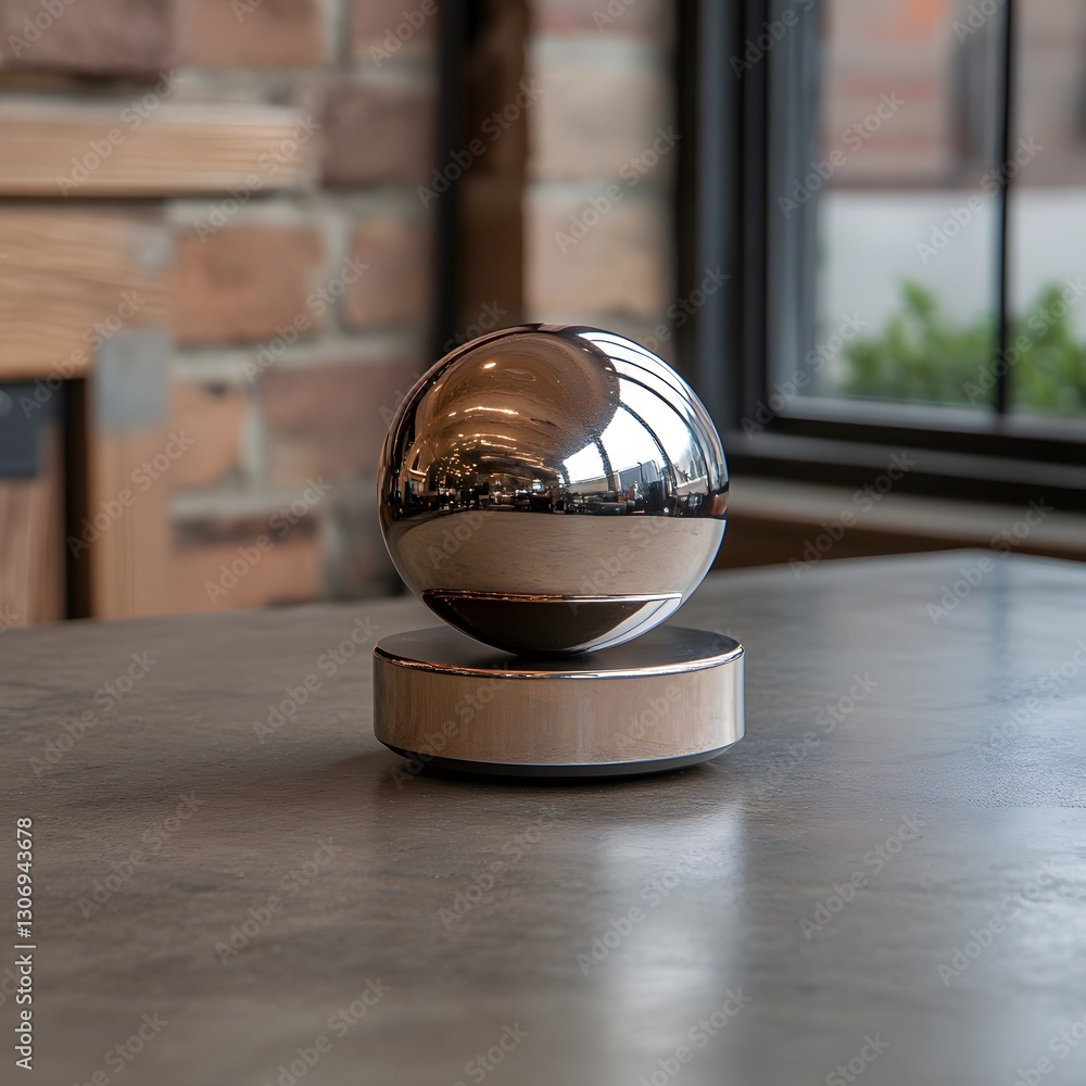 Chrome sphere speaker levitating on table, cafe background, music Chrome sphere speaker levitating on table, cafe background, music