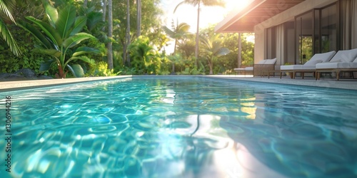 Wallpaper Mural A serene swimming pool glistens in the sunlight, surrounded by lush greenery and modern outdoor furniture, creating a tranquil retreat. Torontodigital.ca
