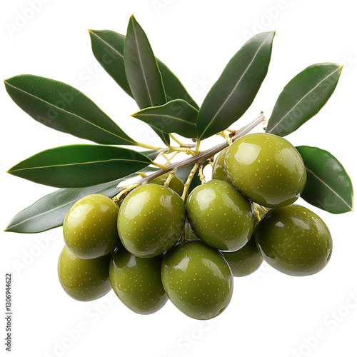 Close-up of ripe green olives on a branch surrounded by green leaves, symbolizing nutrition, nature, and Mediterranean agriculture. 