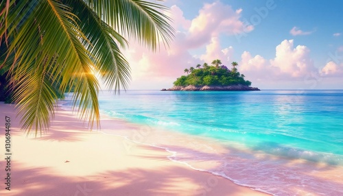 Serene tropical beach with palm trees, clear turquoise water, and lush island