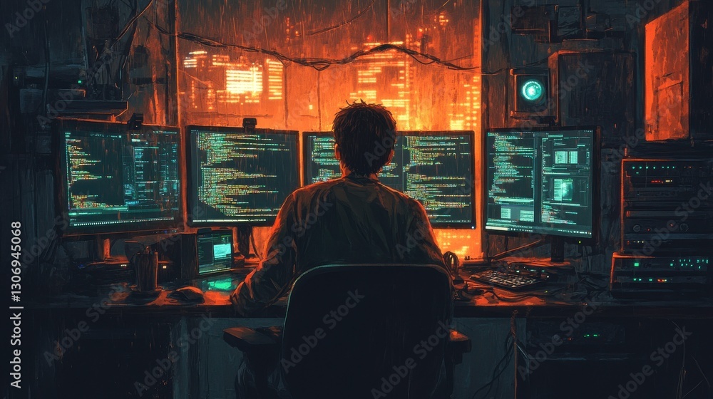 A silhouette of a person coding at multiple monitors, illuminated by a warm glow, creating a focused atmosphere in a tech-inspired workspace. A silhouette of a person coding at multiple monitors, illuminated by a warm glow, creating a focused atmosphere in a tech-inspired workspace.