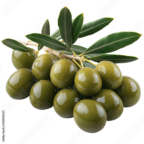 Close-up of ripe green olives on a branch surrounded by green leaves, symbolizing nutrition, nature, and Mediterranean agriculture. 