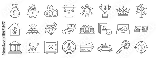Wealth, Financial Growth line icon set. Vector pictograms of money, investments, luxury real estate, piggy bank, diamond crown, treasure chest, credit card, trophy thin linear illustration.