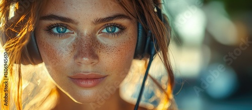 Young woman with freckles and bright blue eyes enjoying music while wearing headphones in a sunlit outdoor setting