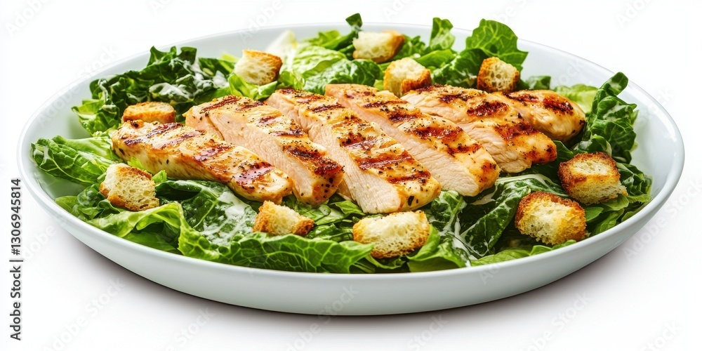 Realistic 3D Icon Cartoon of A Fresh Caesar Salad with Grilled Chicken, Romaine Lettuce, and Croutons on a White Background Realistic 3D Icon Cartoon of A Fresh Caesar Salad with Grilled Chicken, Romaine Lettuce, and Croutons on a White Background