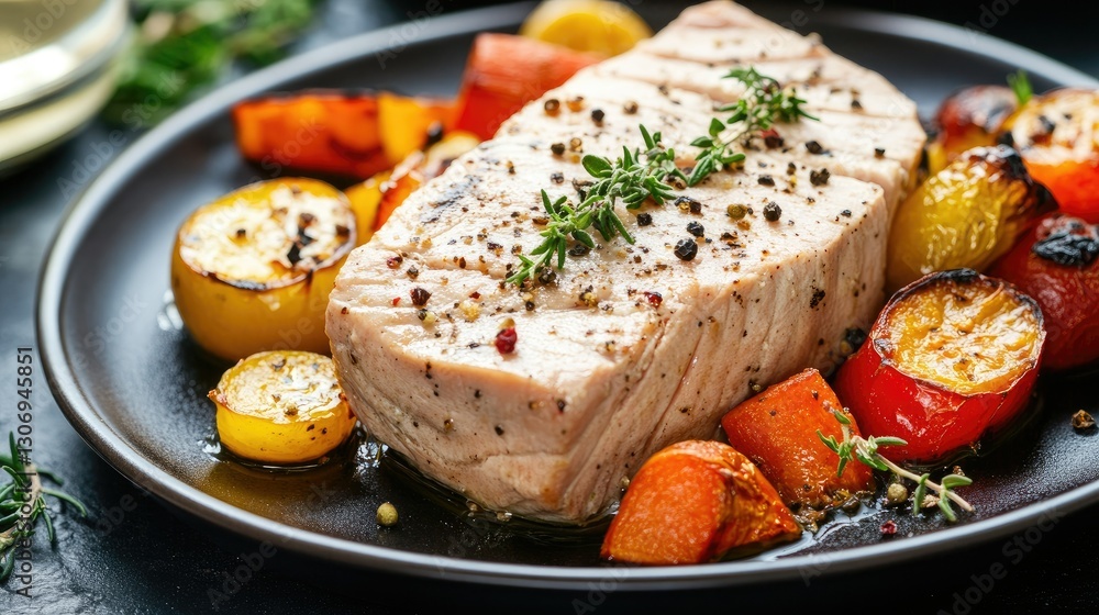 A beautiful serving of canned tuna served with roasted vegetables, garnished with thyme and rosemary. A beautiful serving of canned tuna served with roasted vegetables, garnished with thyme and rosemary.