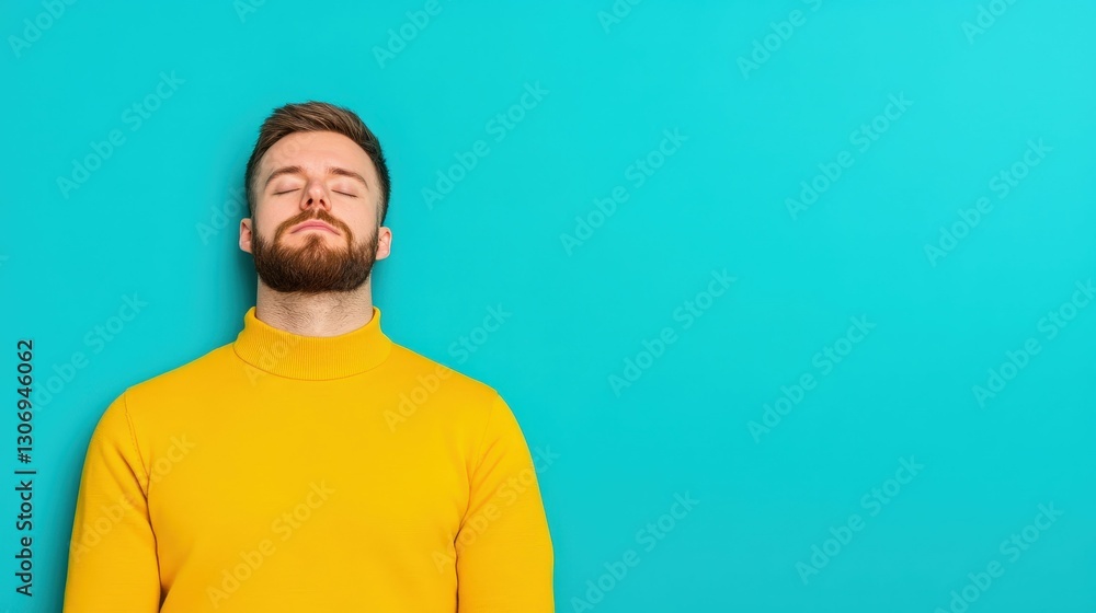 portrait of a man in casual attire meditating with closed eyes, bright blue background, calm and peaceful, portrait of a man in casual attire meditating with closed eyes, bright blue background, calm and peaceful,