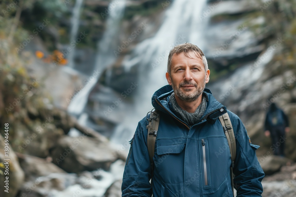 A middle-aged Caucasian man stands confidently in front of a cascading waterfall, surrounded by natural beauty. A middle-aged Caucasian man stands confidently in front of a cascading waterfall, surrounded by natural beauty.