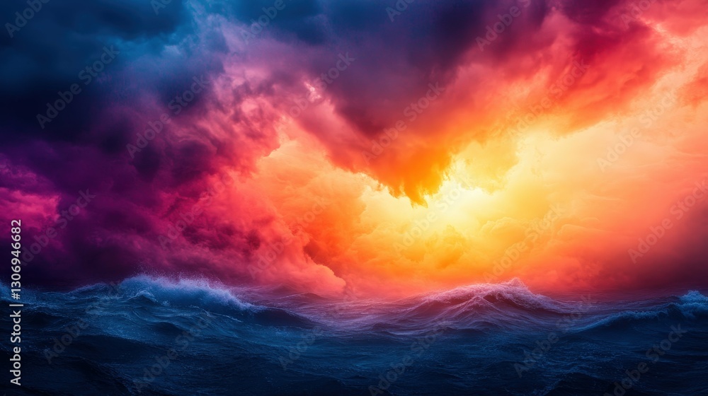 Naklejka premium Surreal sea with stormy waves and vivid cloudscape at sunset