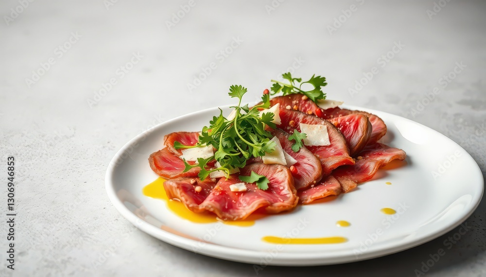 A high-resolution studio photograph of a gourmet Wagyu beef carpaccio arranged in thin, delicate slices on a sleek, white ceramic plate A high-resolution studio photograph of a gourmet Wagyu beef carpaccio arranged in thin, delicate slices on a sleek, white ceramic plate