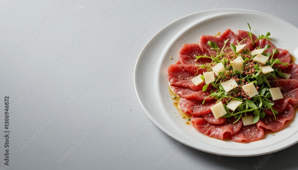 A high-resolution studio photograph of a gourmet Wagyu beef carpaccio arranged in thin, delicate slices on a sleek, white ceramic plate A high-resolution studio photograph of a gourmet Wagyu beef carpaccio arranged in thin, delicate slices on a sleek, white ceramic plate