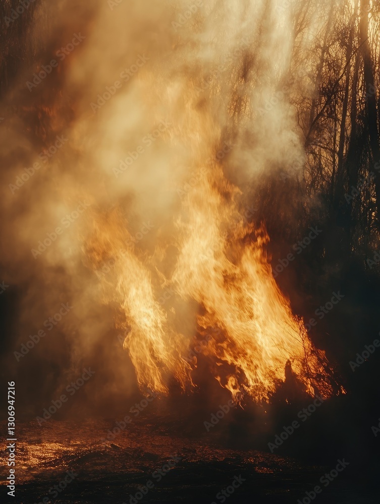 Fototapeta premium Inferno's Embrace, Forest Ablaze in a Symphony of Fire and Smoke