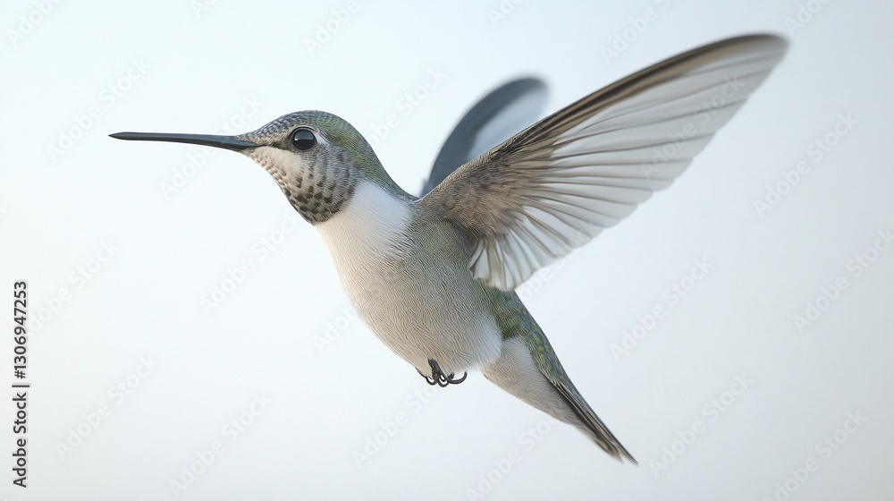 Hummingbird in flight, white background Hummingbird in flight, white background