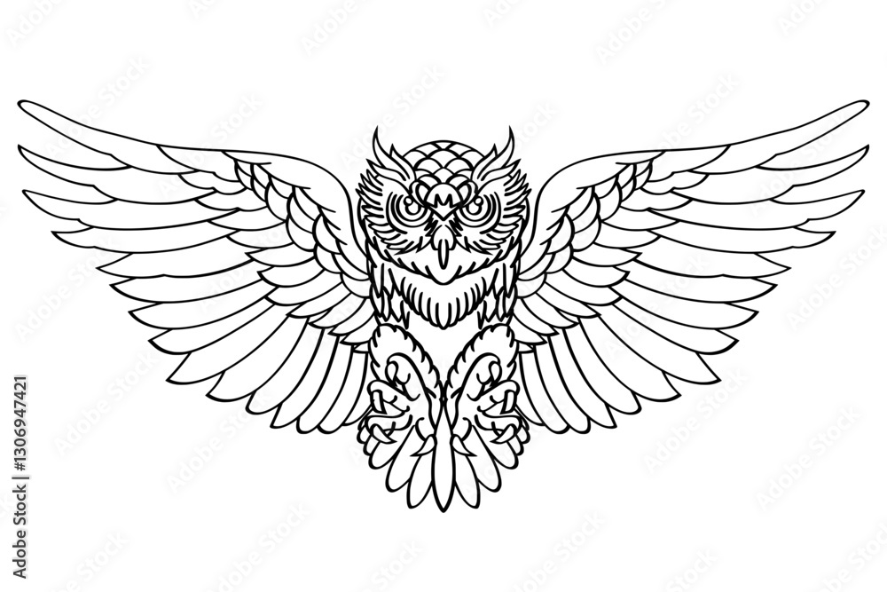 Fototapeta premium Line Art Illustration of an Owl with Spread Wings