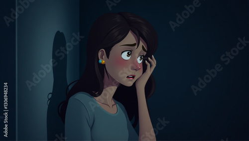 Sad Young Woman Silhouette Sitting Alone in Dark Room, Depression Anxiety Concept, Mental Health Illustration, Despair Loneliness Crisis, Emotional Pain Stress Grief, Psychological Trauma Visual