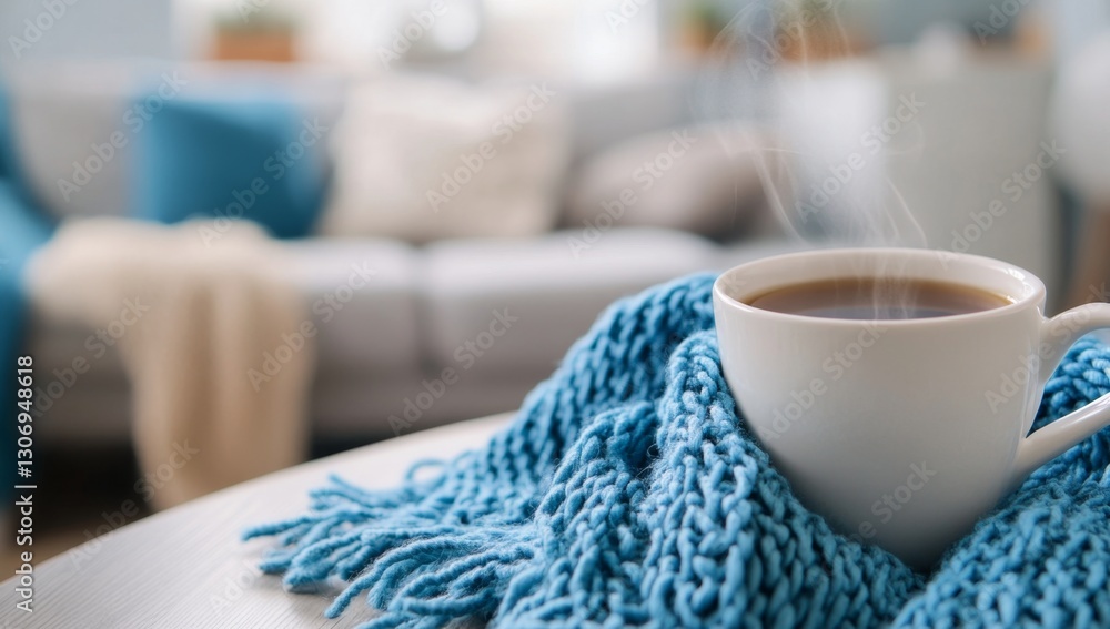 Cozy coffee cup on a table, warm blanket, living room Cozy coffee cup on a table, warm blanket, living room