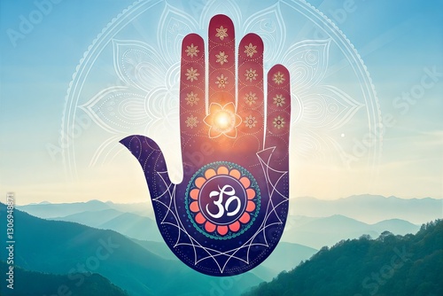 Vibrant digital artwork featuring the Jain symbol of Ahimsa with Om