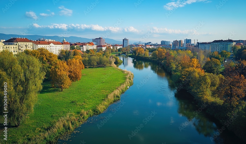 Obraz premium Autumnal river scene with cityscape.