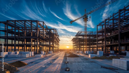 Modern construction site at sunset, showcasing steel framework and industrial progress