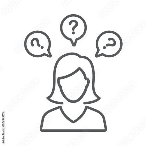 Thinking woman with question marks. 