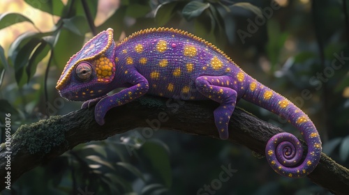 A vivid purple chameleon rests on a branch, its skin alive with swirling yellow-purple patterns that dazzle against the shadowy backdrop, capturing attention in every detail photo