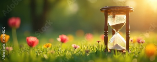 Hourglass stands on green grass with spring flowers in sunlight, time passing by in summer season. Timer countdown sand clock in park meadow. Natural landscape. Time running. Generative AI art.