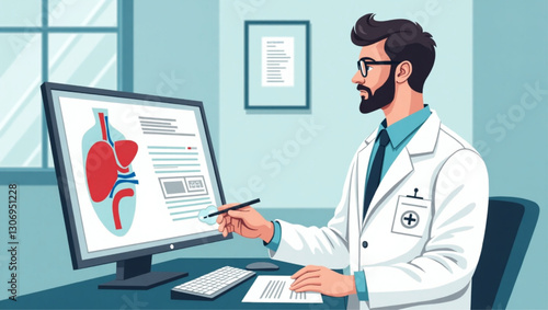 Male Doctor Analyzing Liver Disease Pathology Lab Results in Medical Office, Healthcare Professional Examining Medical Records, Modern Clinic Environment, Health Concept