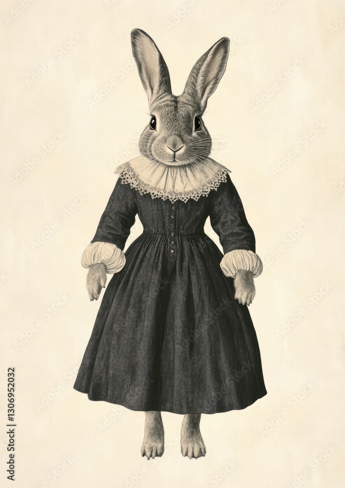 Obraz premium A two rabbit wearing with a American Gothic animal clothing human.