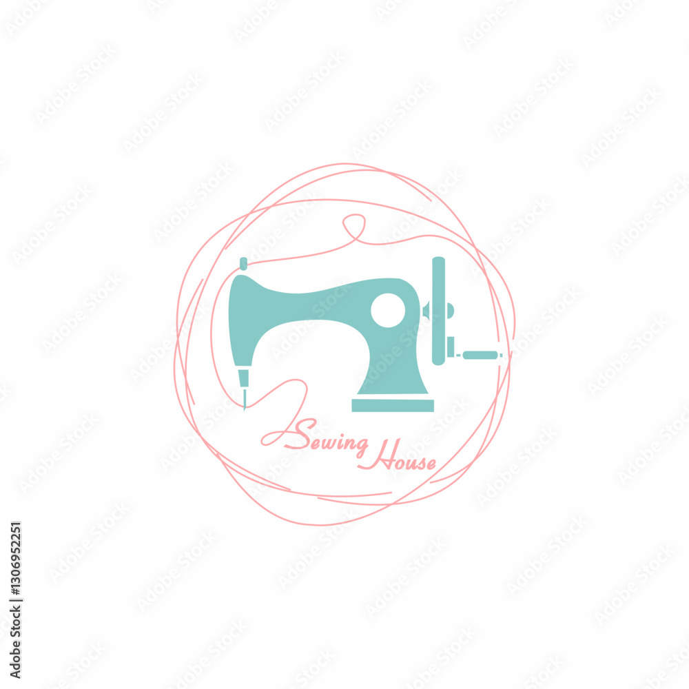 A sewing house logo with a combination of sewing machines and coiled threads A sewing house logo with a combination of sewing machines and coiled threads