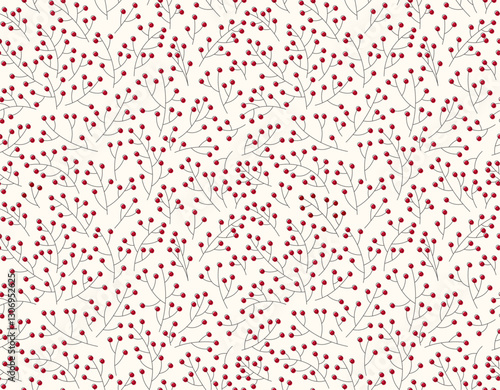 Vector delicate seamless pattern with abstract twigs and red berries on white background. Minimalist design. Textiles and graphics. White background.