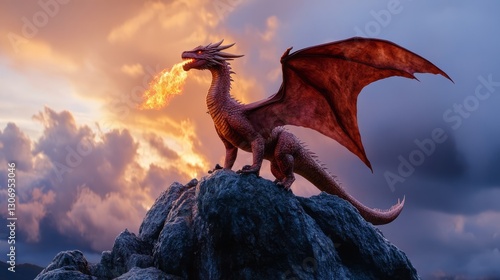 A fiery dragon perched on a rock, breathing flames, stormy skies