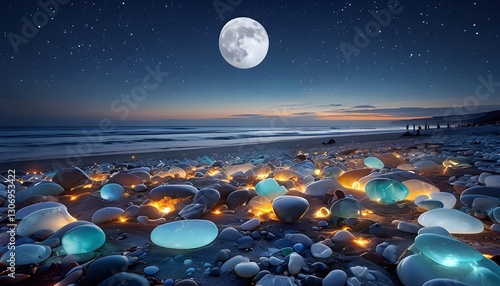 twilight beach scene with polished stones and moonlight