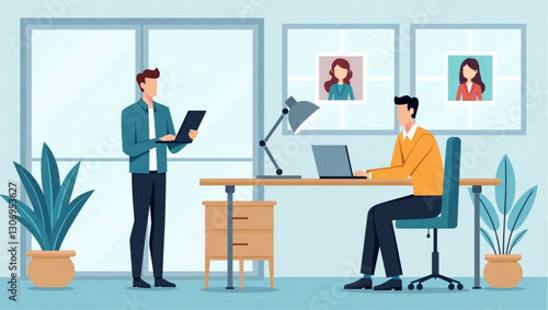 Vibrant Office Scene Recruitment Agency Selects Talented Candidate from Diverse Applicant Group Modern Workplace Graphic Hiring Process Human Resources Teamwork and Professionalism