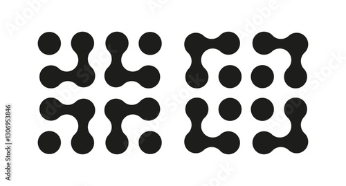 Metaball icons mockup Connected dots minimalist signs. Integration abstract simple symbol. Circles trendy pattern. Point movement template. Connected blobs layout. Metaballs transition. Flat logos set