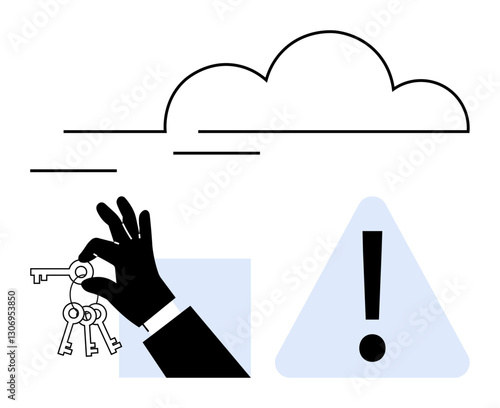 Hand holding keys near a warning symbol under a cloud, representing secure access, data risks, and digital safety. Ideal for cybersecurity, cloud storage, password management, online safety, risk