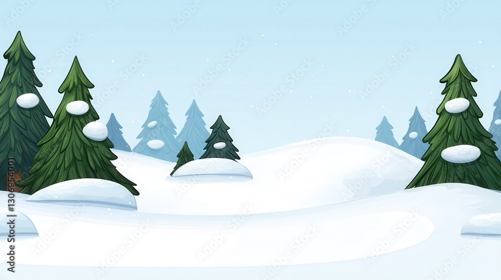 Snowy Winter Landscape with Green Pine Trees and Blue Sky Background Snowy Winter Landscape with Green Pine Trees and Blue Sky Background