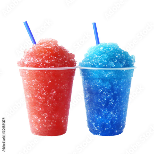 two frozen red and blue slushy in plastic cups on transparent background