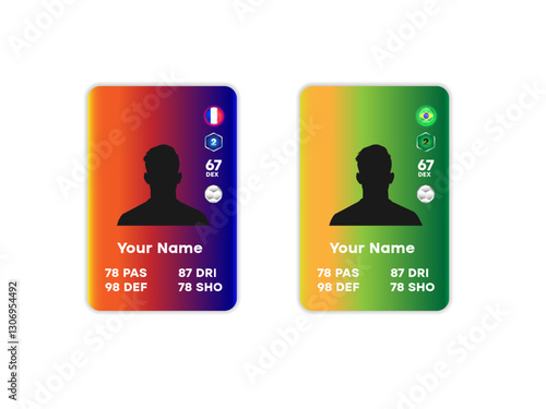 Custom football player card template with silhouette and statistics on gradient backgrounds. Digital design for gaming and sports customization