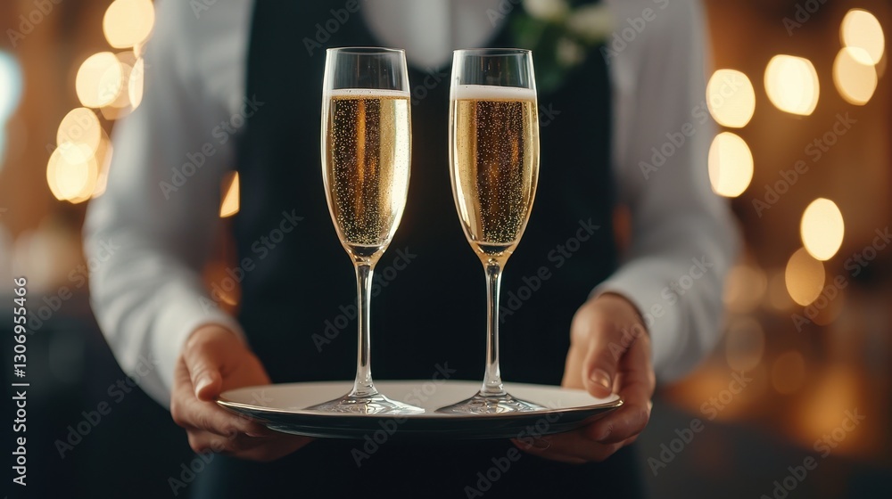 Obraz premium Elegant Waiter Serving Champagne Flutes on a Plate Against a Softly Lit Background During a Celebration