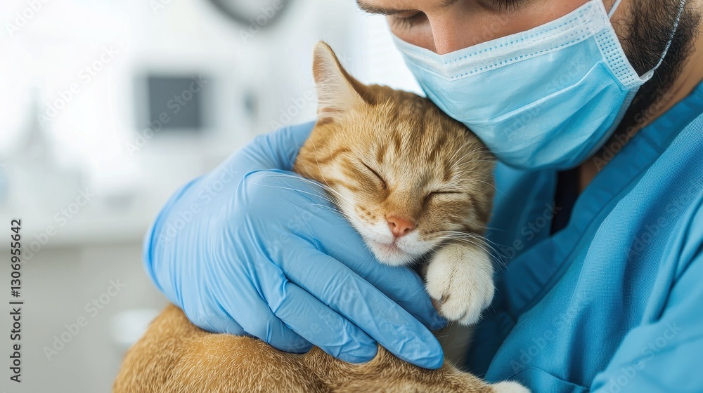 Veterinarian in Scrubs Holding a Relaxed Cat with Protective Gloves and a Mask in a Clinic Environment