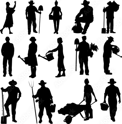 set of gardeners, vegetable growers black silhouettes