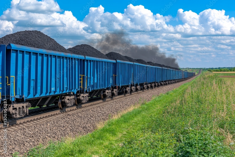 Obraz premium A massive coal train transporting black coal through a rural landscape, leaving dust in the air