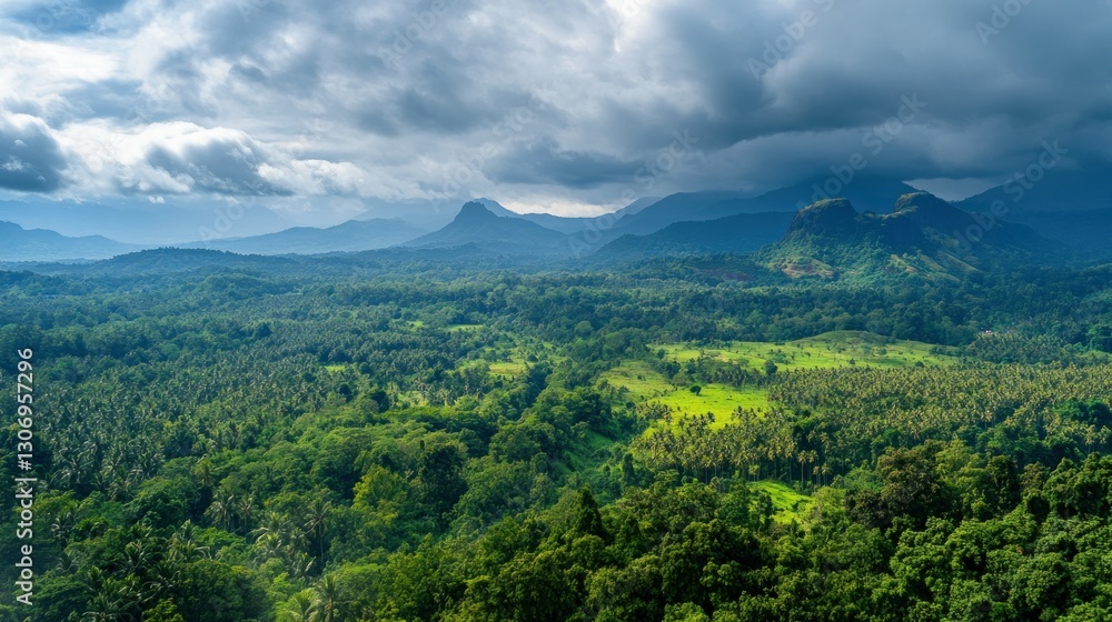 Fototapeta premium Lush valley, mountain range, cloudy sky, aerial view