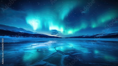 A frozen lake at night, illuminated by the glow of the northern lights above.