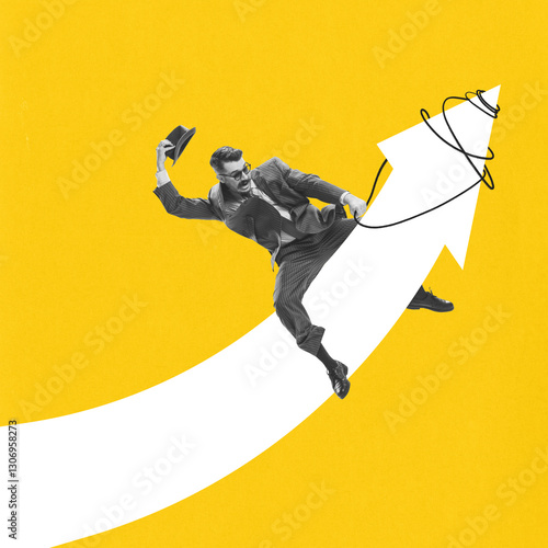 Wallpaper Mural Man in suit riding white arrow upwards, holding hat with dynamic motion. Concept of business expansion, market momentum, financial success, career growth, investment opportunities. Art collage Torontodigital.ca