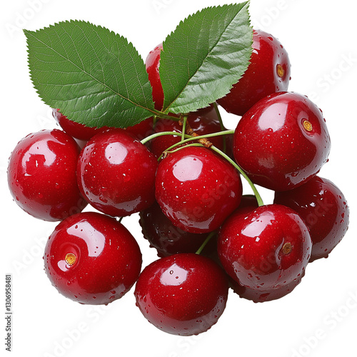 Bright Composition of Ripe Red Cherries With Leaves and Fresh Water Droplets