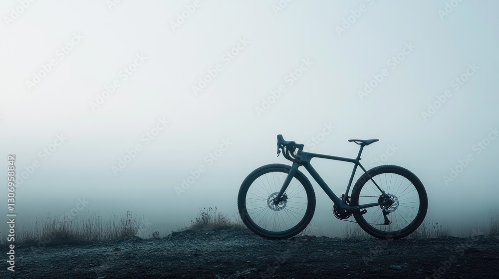 Obraz premium A futuristic matte-finish gravel bike standing in a dramatic foggy landscape.