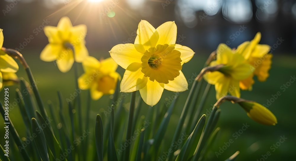 Golden Daffodils Blooming Under Warm Spring Sunlight Golden Daffodils Blooming Under Warm Spring Sunlight